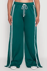 Womens Plus Size Scuba Varsity Stripe Split Wide Leg Track Pants, Green, Size 1X