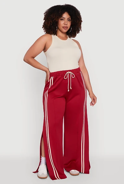 Womens Plus Size Scuba Varsity Stripe Split Wide Leg Track Pants, Red, Size 2X
