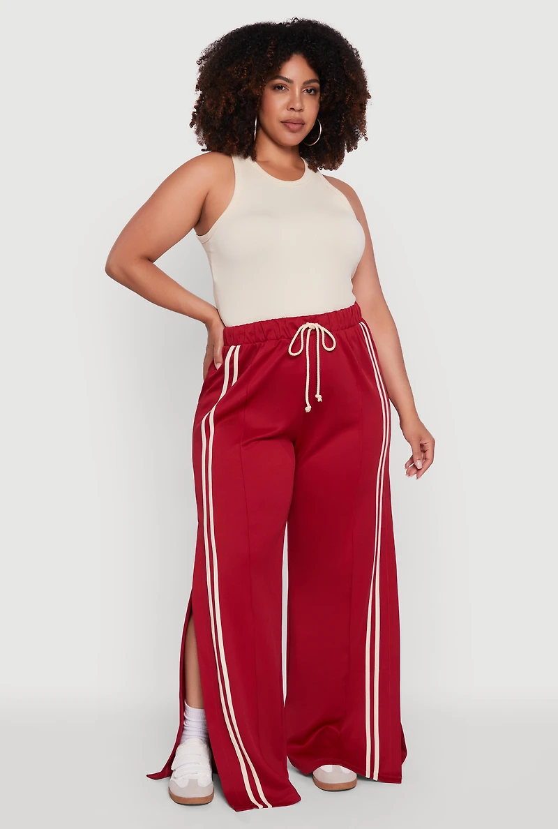 Plus Scuba Varsity Stripe Split Wide Leg Track Pants