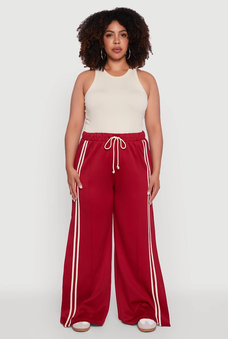 Womens Plus Size Scuba Varsity Stripe Split Wide Leg Track Pants, Red, Size 2X