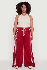 Womens Plus Size Scuba Varsity Stripe Split Wide Leg Track Pants, Red, Size 2X