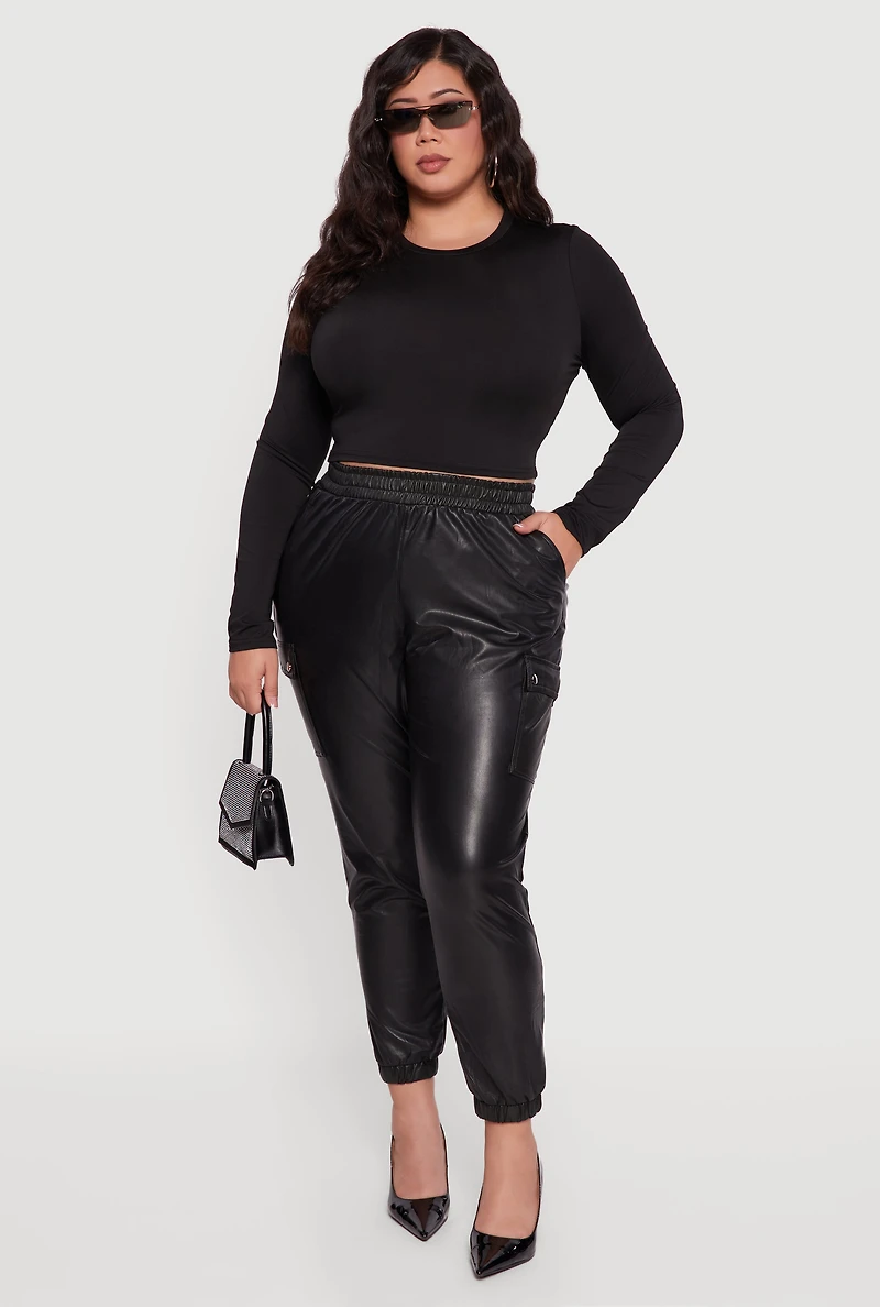 Womens Plus Size Faux Leather High Waisted Pull On Joggers, Black, Size 3X
