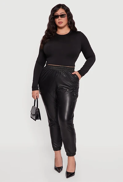 Womens Plus Size Faux Leather High Waisted Pull On Joggers, Black, Size 3X