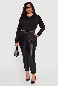 Womens Plus Size Faux Leather High Waisted Pull On Joggers, Black, Size 3X