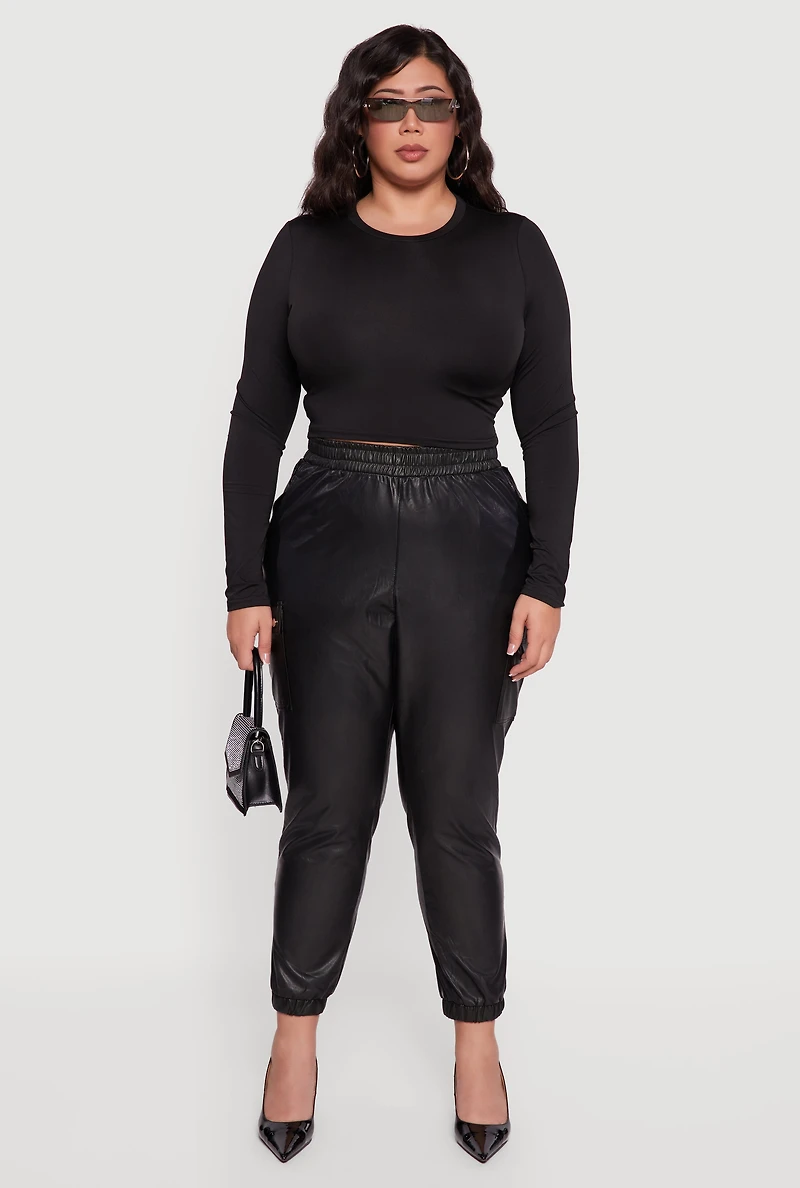 Womens Plus Size Faux Leather High Waisted Pull On Joggers, Black, Size 3X