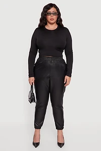 Womens Plus Size Faux Leather High Waisted Pull On Joggers, Black, Size 3X