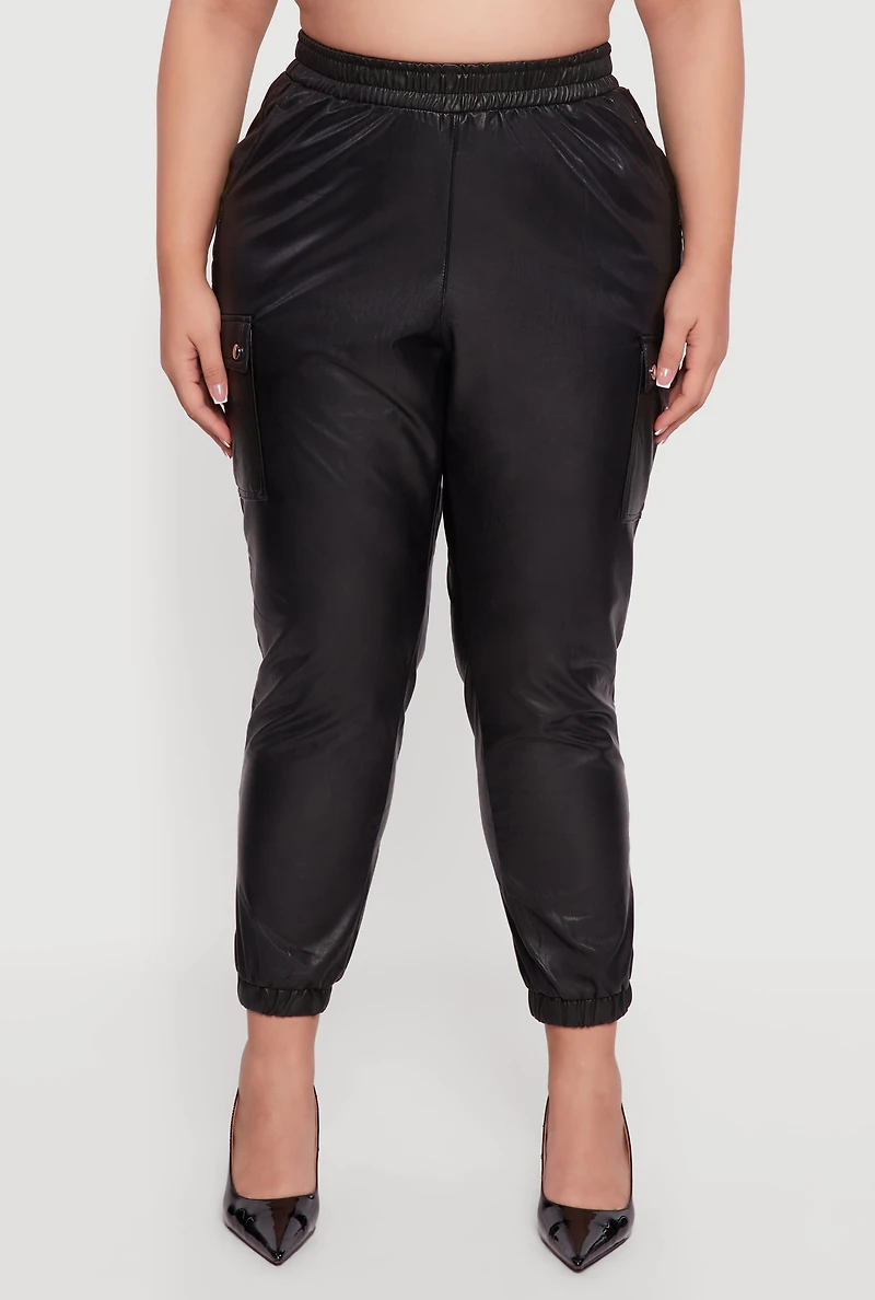 Womens Plus Size Faux Leather High Waisted Pull On Joggers, Black, Size 3X