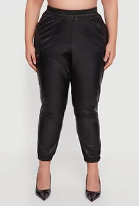 Womens Plus Size Faux Leather High Waisted Pull On Joggers, Black, Size 3X