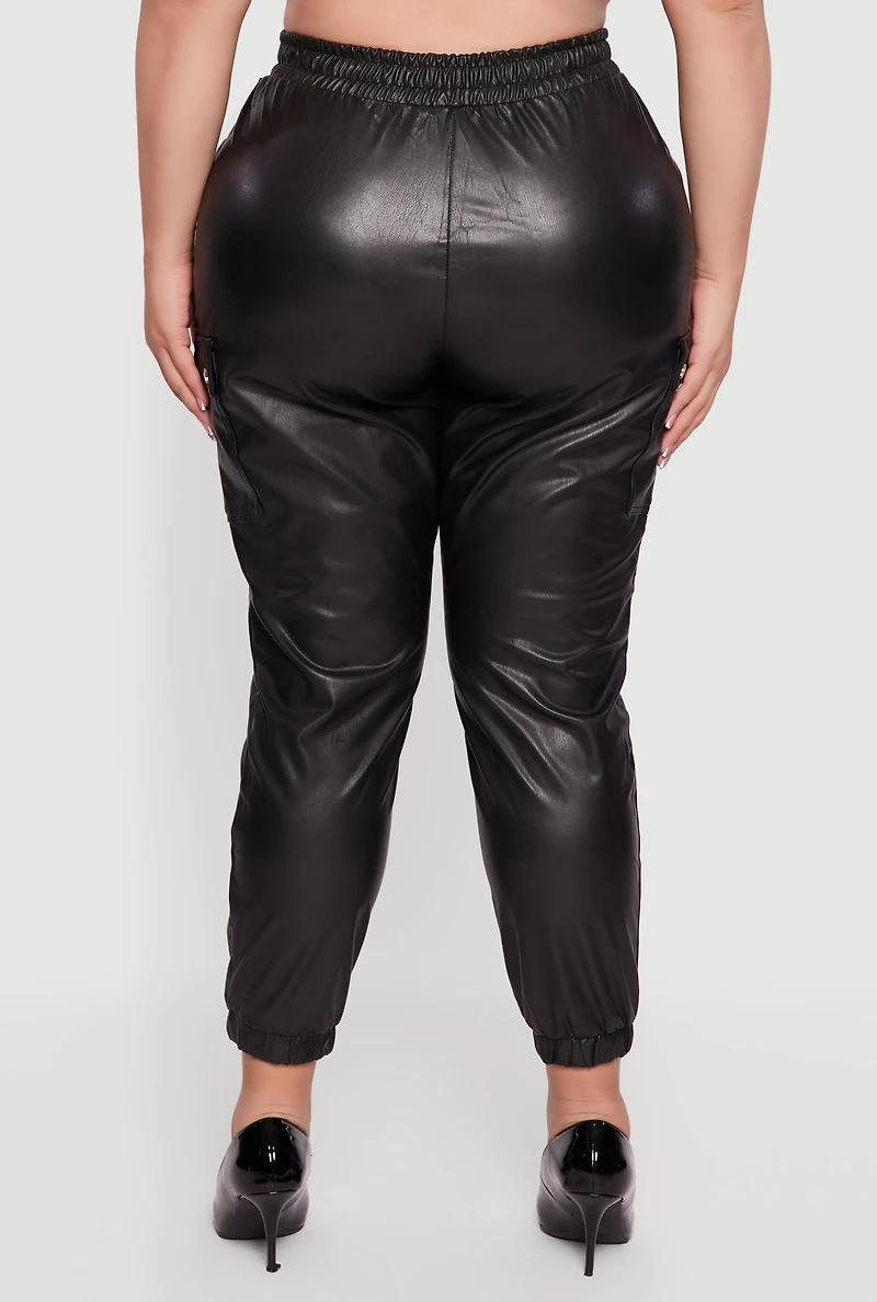 Womens Plus Size Faux Leather High Waisted Pull On Joggers, Black, Size 3X