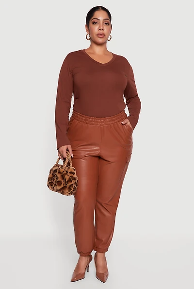 Plus Faux Leather High Waisted Pull On Joggers