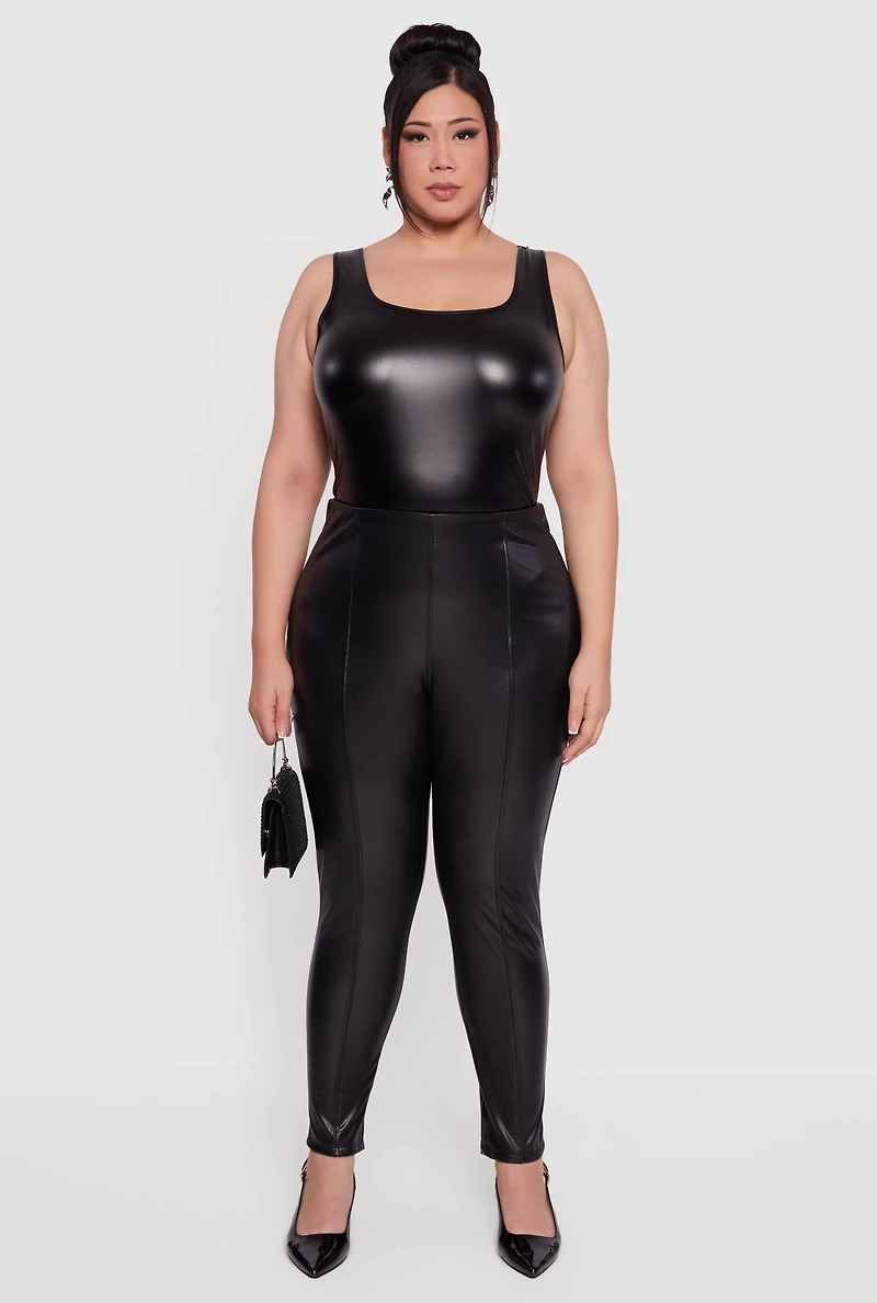 Womens Plus Pintuck Pull On Faux Leather Leggings, 1X