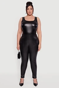 Womens Plus Pintuck Pull On Faux Leather Leggings, 1X