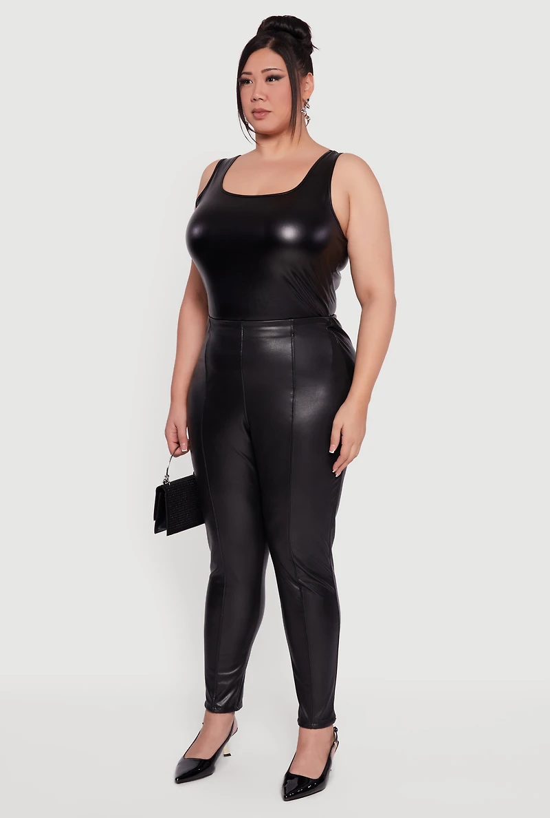Womens Plus Pintuck Pull On Faux Leather Leggings, 1X