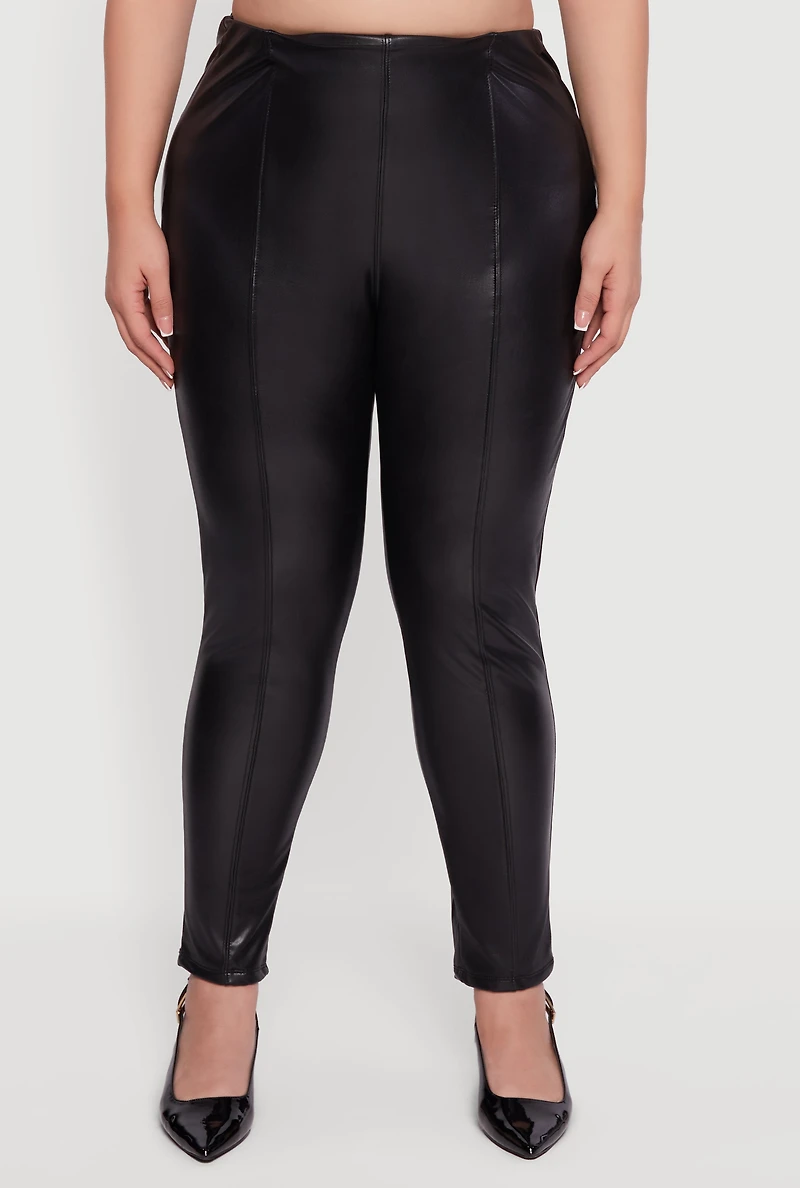 Womens Plus Pintuck Pull On Faux Leather Leggings, 1X