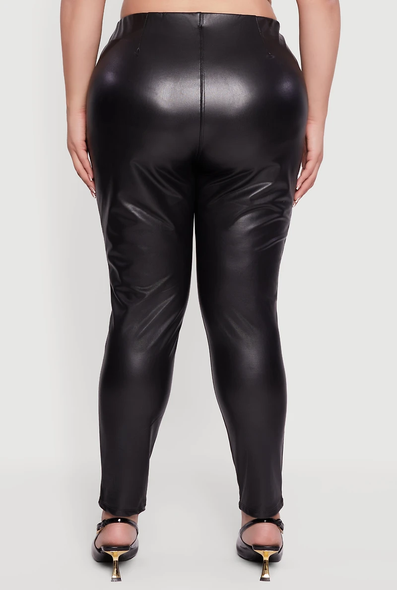 Womens Plus Size Pintuck Pull On Faux Leather Leggings, Black, Size 3X