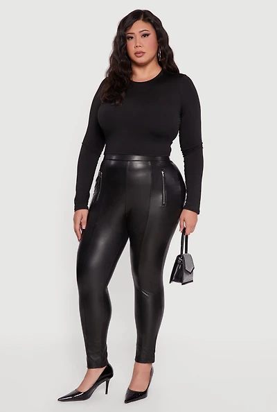 Plus Zip Detail High Waisted Faux Leather Leggings