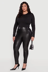 Plus Zip Detail High Waisted Faux Leather Leggings