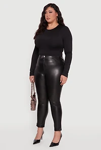 Womens Plus High Waisted Faux Leather Pants, Black,