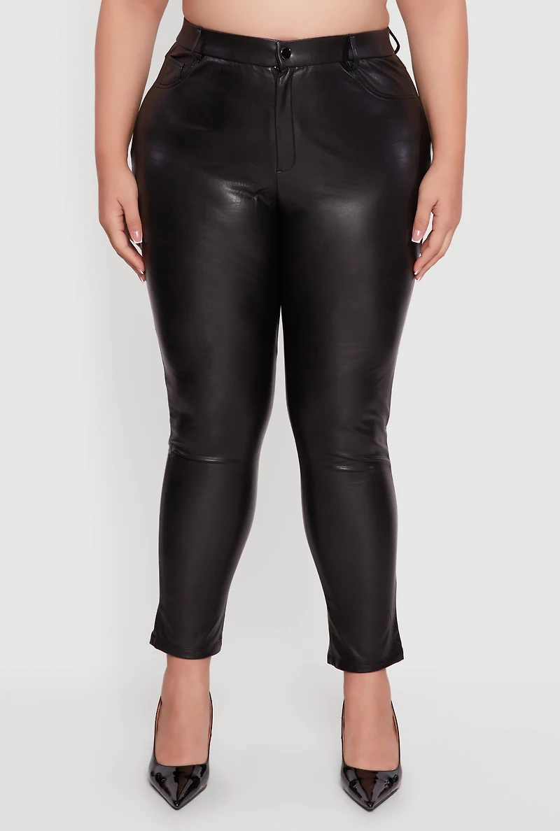 Womens Plus High Waisted Faux Leather Pants, Black,