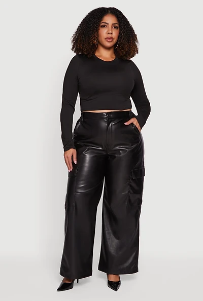 Womens Plus Size High Waisted Faux Leather Cargo Pants, Black, Size 1X