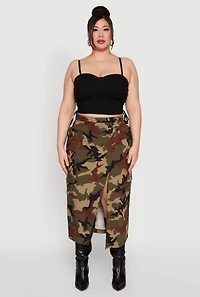 Womens Plus Size Asymmetrical Front Slit Camo Cargo Skirt, Green, Size 2X