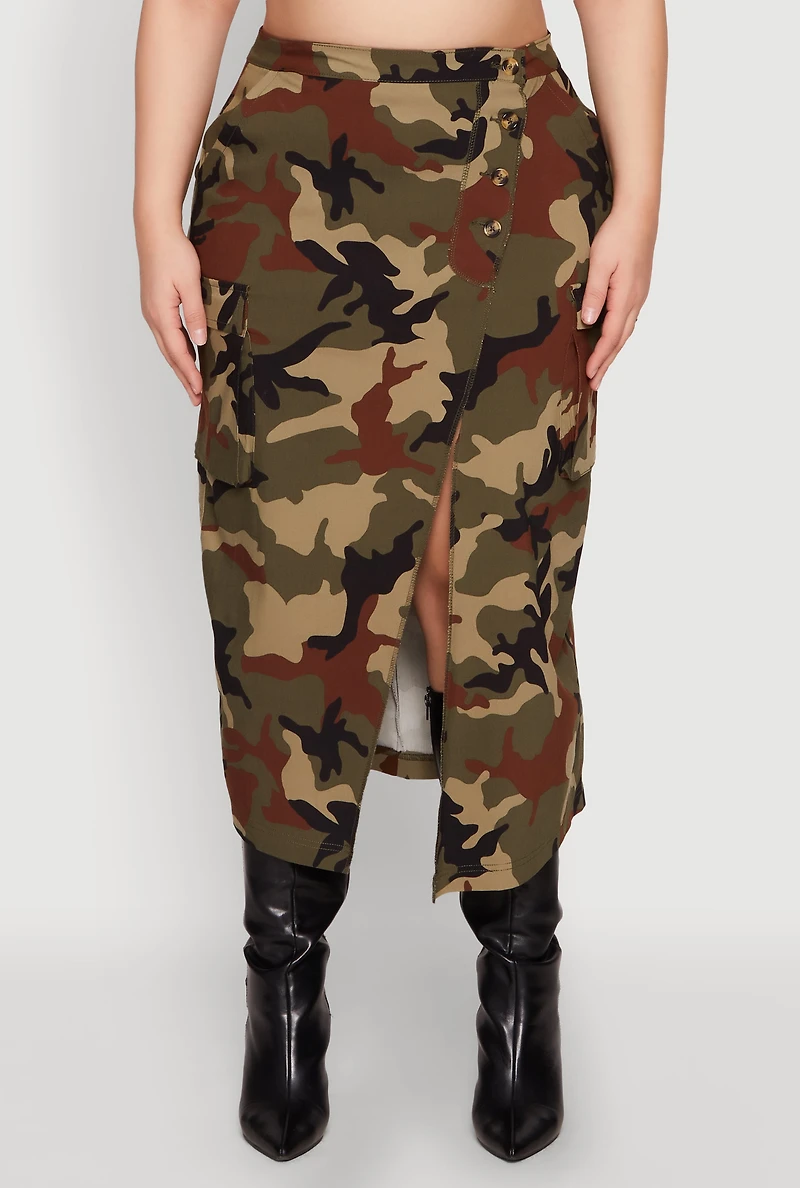 Womens Plus Size Asymmetrical Front Slit Camo Cargo Skirt, Green, Size 3X
