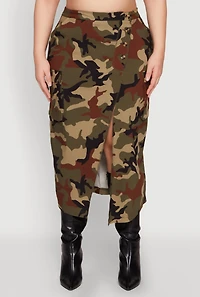 Womens Plus Size Asymmetrical Front Slit Camo Cargo Skirt, Green, Size 3X