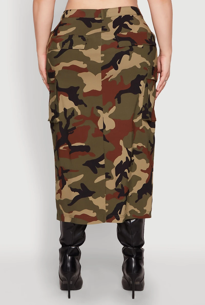 Womens Plus Size Asymmetrical Front Slit Camo Cargo Skirt, Green, Size 3X