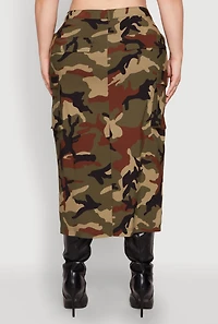 Womens Plus Size Asymmetrical Front Slit Camo Cargo Skirt, Green, Size 3X