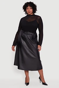 Plus High Waisted Faux Leather Circle Skirt with Belt