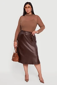 Womens Plus Size High Waisted Faux Leather Circle Skirt with Belt, Brown, Size 3X