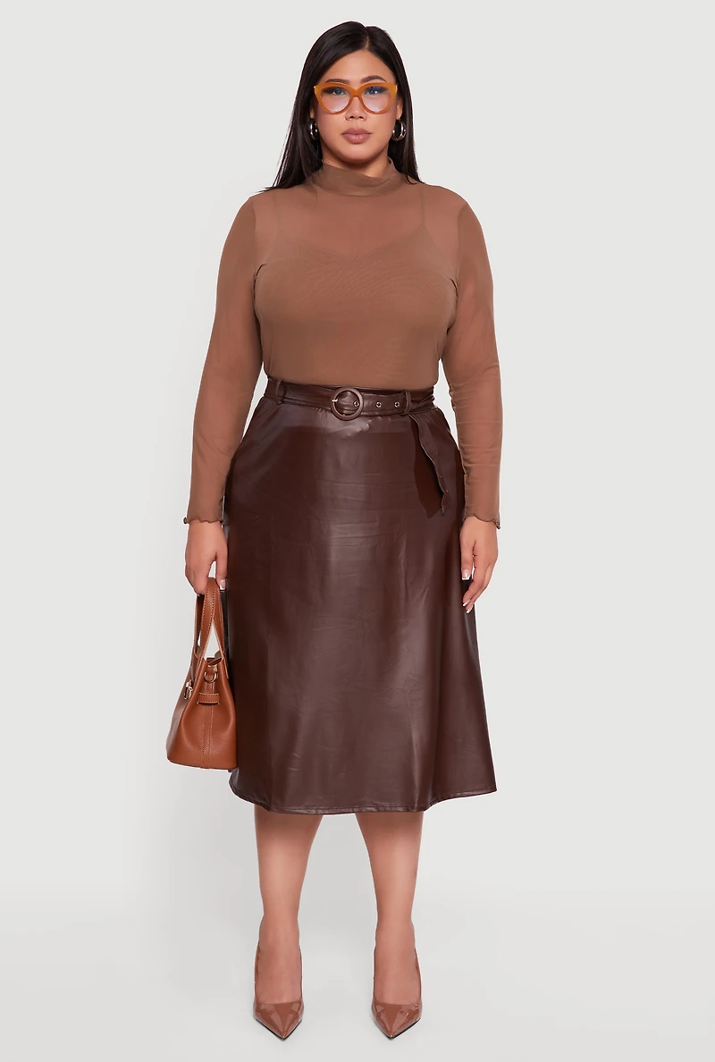 Womens Plus Size High Waisted Faux Leather Circle Skirt with Belt, Brown, Size 3X