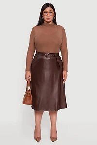 Womens Plus Size High Waisted Faux Leather Circle Skirt with Belt, Brown, Size 3X