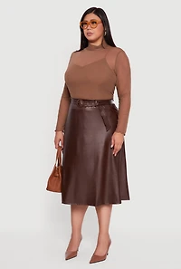 Womens Plus Size High Waisted Faux Leather Circle Skirt with Belt, Brown, Size 3X