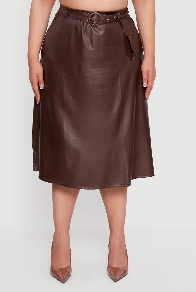 Womens Plus Size High Waisted Faux Leather Circle Skirt with Belt, Brown, Size 3X