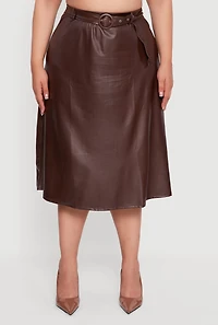 Womens Plus Size High Waisted Faux Leather Circle Skirt with Belt, Brown, Size 3X