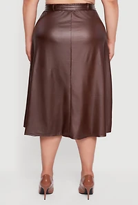 Womens Plus Size High Waisted Faux Leather Circle Skirt with Belt, Brown, Size 3X
