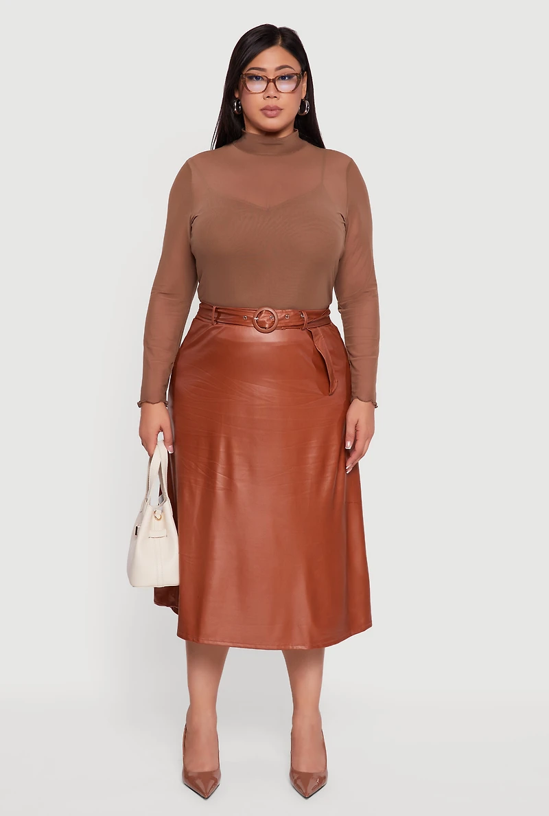 Womens Plus High Waisted Faux Leather Circle Skirt with Belt, Brown,