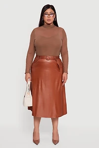 Womens Plus High Waisted Faux Leather Circle Skirt with Belt, Brown,