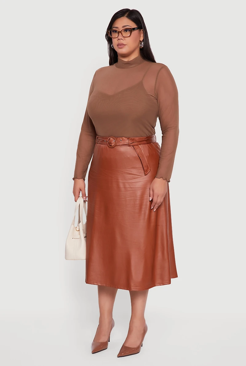 Womens Plus High Waisted Faux Leather Circle Skirt with Belt, Brown,