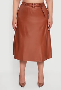 Womens Plus High Waisted Faux Leather Circle Skirt with Belt, Brown,
