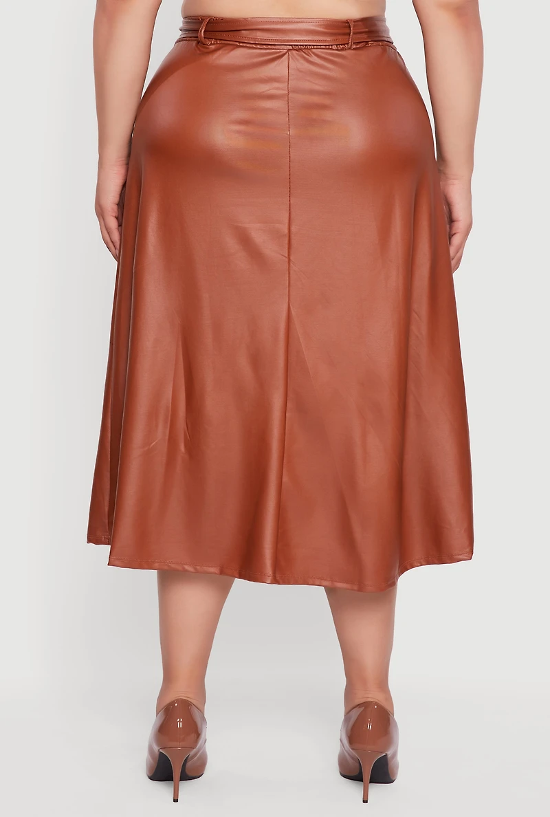 Womens Plus High Waisted Faux Leather Circle Skirt with Belt, Brown,