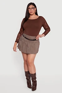 Plus High Waisted Plaid Pleated Mini Skirt with Belt