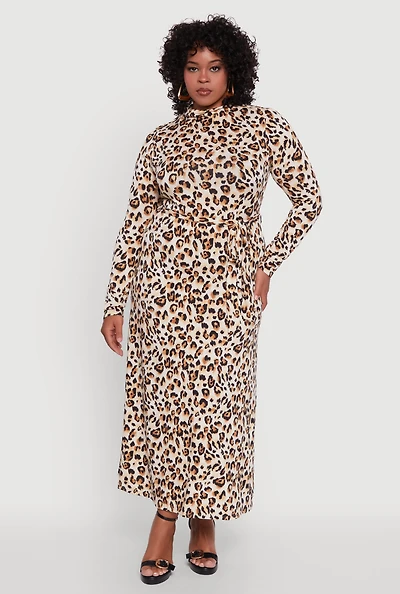 Womens Plus Long Sleeve Animal Print Dress with Tie Waist Belt, Beige,