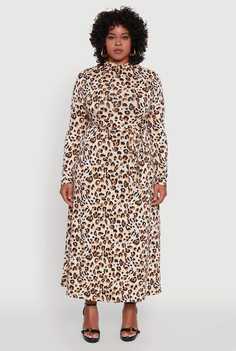 Womens Plus Long Sleeve Animal Print Dress with Tie Waist Belt, Brown,