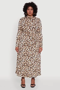 Womens Plus Size Long Sleeve Animal Print Dress with Tie Waist Belt, Beige, Size 1X