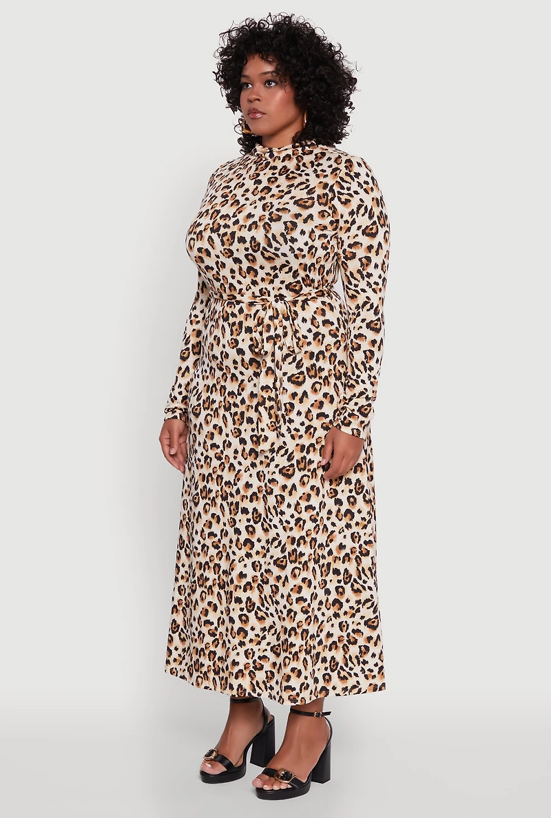 Womens Plus Size Long Sleeve Animal Print Dress with Tie Waist Belt, Brown, Size 3X