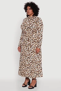 Womens Plus Long Sleeve Animal Print Dress with Tie Waist Belt, Brown,