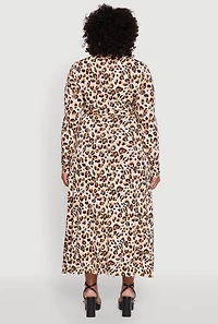 Womens Plus Long Sleeve Animal Print Dress with Tie Waist Belt, Brown,