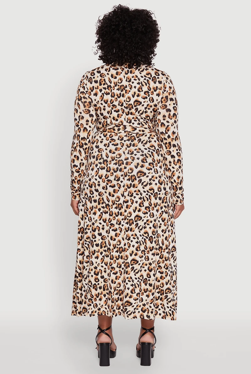 Womens Plus Size Long Sleeve Animal Print Dress with Tie Waist Belt, Beige, Size 1X